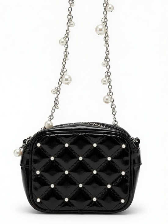 White House Black Market Handbags - WHBM Black Patent Quilted Pearl Mini Crossbody Bag Chain Strap